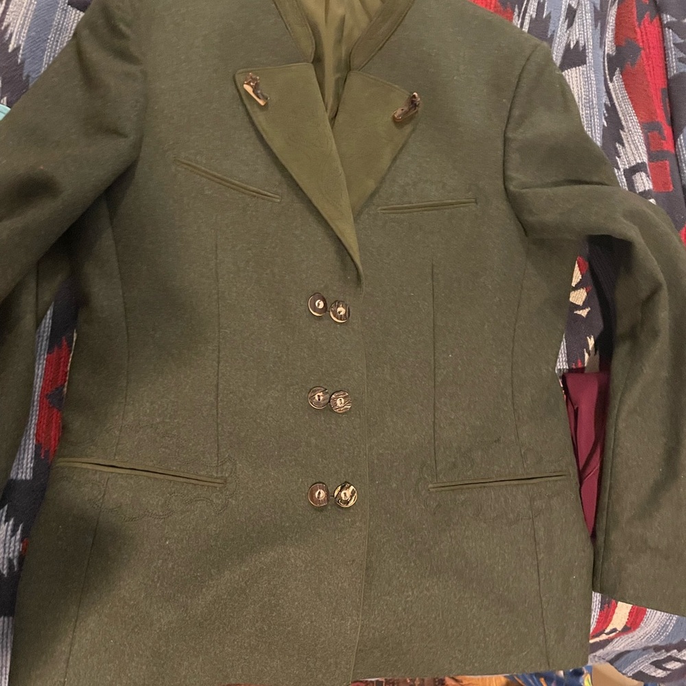 Vtg German Wool Jacket W/ Suede And Horn Detail